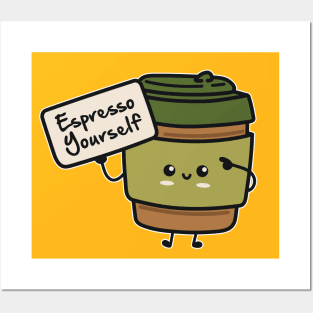 Cute Kawaii Coffee Cup - Espresso Yourself - Funny Coffee Pun Posters and Art